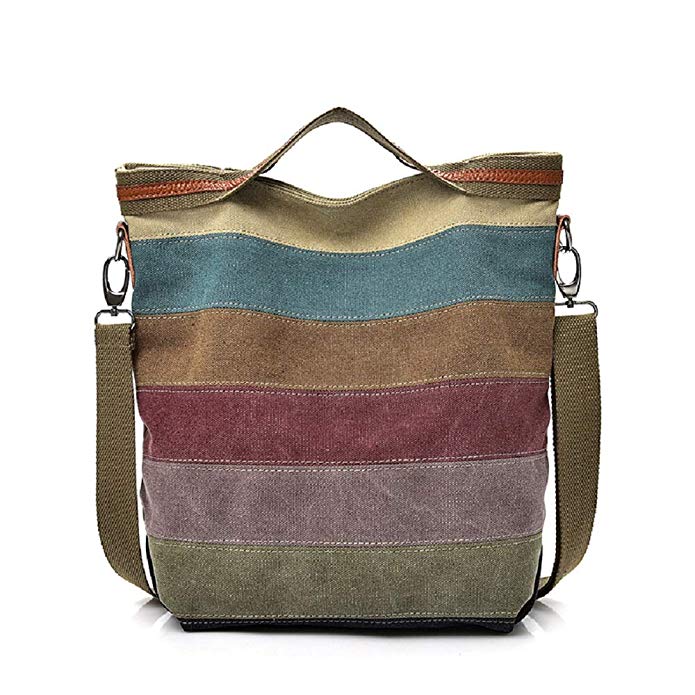 Canvas Handbag for Women Multi-Color Striped Lattice Cross Body Shoulder Purse Bag