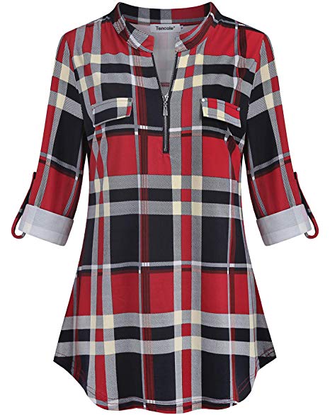 Tencole Women Rolled Sleeve Plaid Tunic Shirt Casual V Neck Zipper Front Blouse