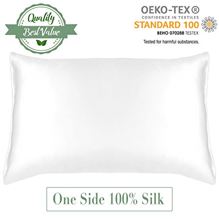 MYK 100% Pure Natural Mulberry Silk Pillowcase, 19 Momme with Cotton underside for Hair & Facial Beauty, Queen Size 20"x30", Pearl White, 1pc