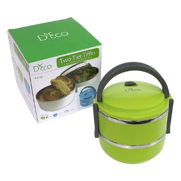 Stacking Lunch Box - Round Two Tier Tiffin with Vacuum Seal Lid and Stainless Steel Interior (Lime Green)