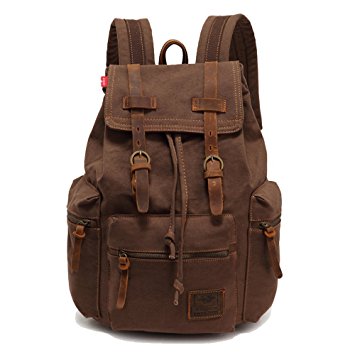 Vintage Unisex Casual Leather Backpack Canvas Rucksack Bookbag Satchel Hiking Backpack Travel Outdoor Shouder Bag (Coffe)