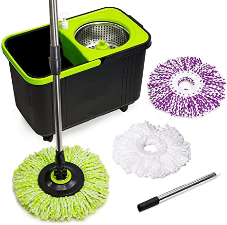 Simpli-Magic 79117 Stainless Steel Spin Mop with 3 Microfiber Mop Head Refills, 4 Wheels, Soap Dispenser and Extendable Pole