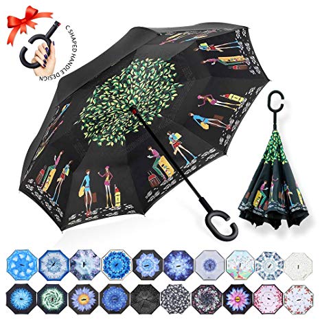 ZOMAKE Double Layer Inverted Umbrella Cars Reverse Umbrella, UV Protection Windproof Large Straight Umbrella for Car Rain Outdoor With C-Shaped Handle