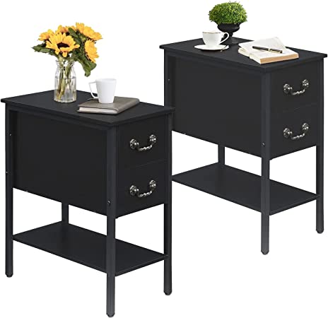 VECELO Tall End Side Tables Living Room, Modern Narrow Nightstand with 2 Drawers and Shelf for Bedroom Office, Black/Set of 2