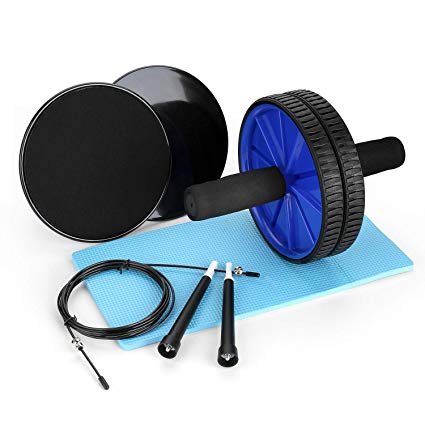 Odoland 4-in-1 AB Wheel Roller Set with Gliding Discs Jump Rope Knee Pad, Abdominal Exercise Equipment for Core Workouts