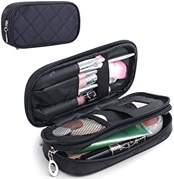 Horuhue Make Up Bag for Women with Mirror Beauty Makeup Brush Bags Travel Kit Organizer Cosmetic Bag Professional Multifunctional 2 layer Organiser (Black)