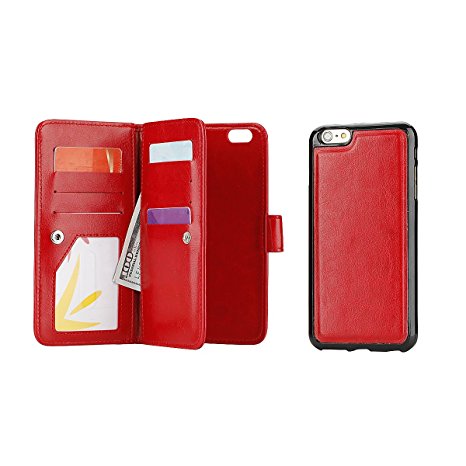 Nuo Peng 2 in 1 Protective Folio Flip Iphone Wallet Case with Magnetic Detachable Slim Back Cover for Iphone 6 Plus, Iphone 6S Plus (Red)