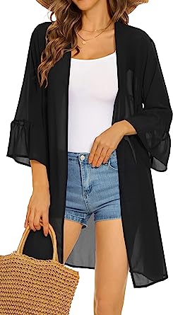 Womens Kimonos for Summer Puff Sleeve Cardigan Casual Loose Fit Beach Cover Ups Resorts Swimwear