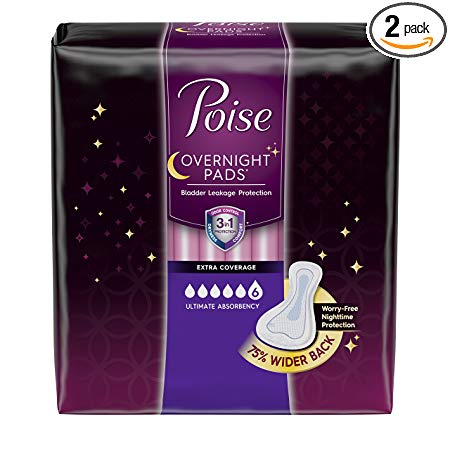 Poise Overnight Incontinence Pads, Ultimate Absorbency, 75% Wider Back, 24 Count (Pack of 2)