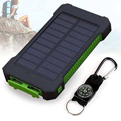 Solar Charger, 10000mAh Solar Power Bank , Dual USB Port Waterproof Dust-Proof and Shock-Resistant Portable Phone Charger with Led Light for Camping Hiking and Other Outdoor Activities (Green)