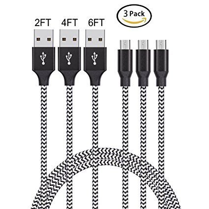 Micro USB Cable [3Pack 2/4/6ft] Nylon Braided Charge cords 5pin charging & Data Sync Cable for Samsung/LG and More Android Devices (Black)