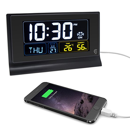 JCC Multifunction LED Screen Digital Desk Alarm Clock With Dimmer, Snooze, Auto DST Function, Temperature and Humidity Display, USB Ports for Smartphone and Tablets Charging
