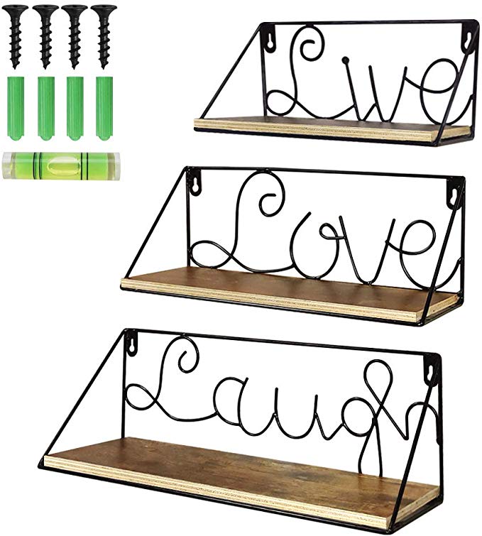 Amazing Roo Wall Mounted Floating Shelves Set of 3 Storage Shelf with Live Love Laugh Rustic Metal Word for Home Kitchen Bathroom Bedrooms Décor