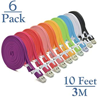 Josi Minea 6 Pcs Flat Tangle Free Premium Micro USB Rainbow Cables 10 Feet / 3 Meter Charger Sync Data Rapid Charging Cable USB Cord Wire for Samsung Galaxy S6 / S5 / S4 / S3 / S2, Samsung Galaxy Note / Note 2 / 3 / 4, Galaxy Tab, Google Nexus 7 / 10, Nokia Lumia, Most Android Tablets / Android Phones / Windows Phones - 10Ft/3M (6 Pack)