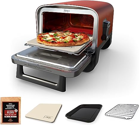 Ninja OO101 Woodfire 8-in-1 Outdoor Oven, Pizza Oven, 700°F High Heat Roaster, BBQ Smoker, Woodfire Technology, Pellets for Woodfire Flavor, Weather Resistant, Portable, Electric, Terracotta Red