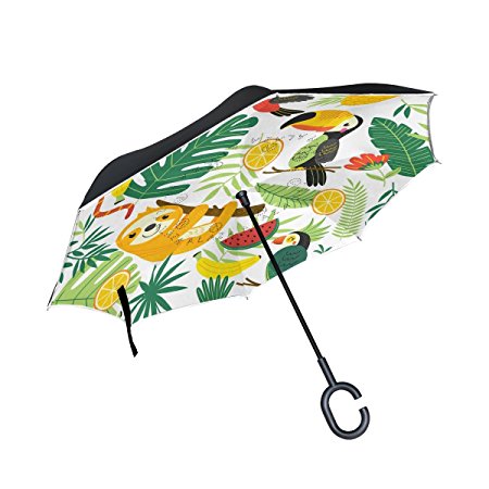 AIDEESS Cute Baby Sloth Tree Floral Flowers Print Windproof Reverse Folding Double Layer Inverted Umbrella with C-shaped Hands Free Handle for Travelling and Car Use