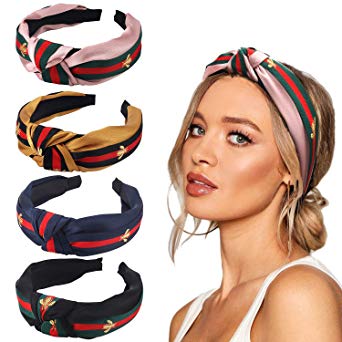 JF Headbands for Women Hair Hoops with Bee Animal Turban Head Wrap Cross Knot Hairbands with Cloth Wrapped for Girls Hair Accessories Stripe Headbands 4Pcs