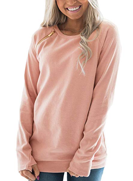 FARYSAYS Women's Casual Long Sleeve Round Neck Side Zip Pullover Sweatshirt Tunic Tops