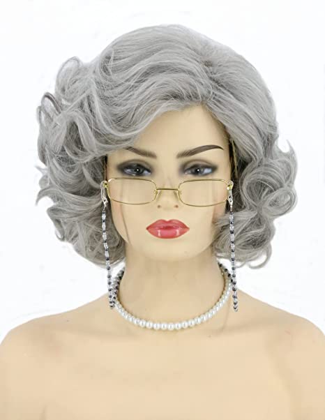 Topcosplay Old Lady Wig 5pcs Set Granny Costume Wig Grandma wig Halloween Party Wigs