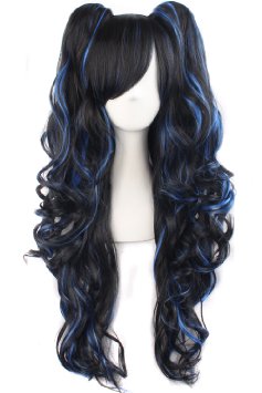 MapofBeauty Multi-color Lolita Long Curly Clip on Ponytails Cosplay Wig (Black/ Blue)