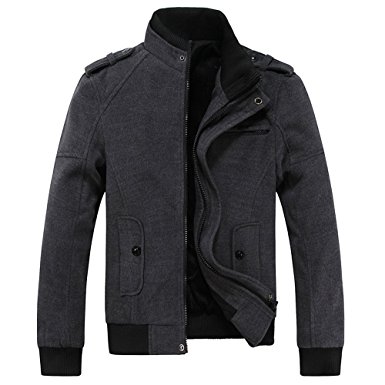 RongYue Men's Fashion Pea Coat Wool Blend Military Jacket With Shoulder Straps