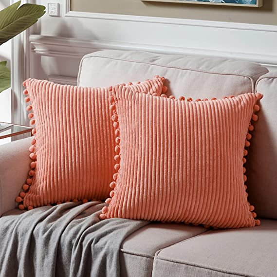 Fancy Homi 22x22 Pillow Covers, Pack of 2 Coral Throw Pillow Covers with Pom-poms, Super Soft Corduroy Square Solid Cushion Cover for Couch Sofa Bedroom Living Room 55x55 cm