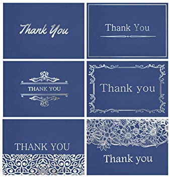 120 Elegant Thank You Cards in Navy Blue with Envelopes and Stickers - Highest Quality 6 Designs Bulk Notes Embossed with Silver Foil Letters for Wedding, Formal, Business, Graduation, Funeral 4x6