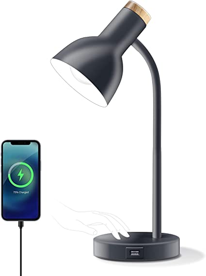 Desk lamp with USB Charging Port,E26 Bulb Table Lamp for Living Room,Bright Reading Black Desk Lamps for Bedroom,Touch Control LED Adjustable Gooseneck Night Stand Light for Home Office