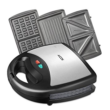 Aicok Sandwich Maker, Panini Press Grill, Waffle Maker, American Toaster Maker, 3-in-1 Detachable Non-stick Coating Table Grill, Mini Maker, Black