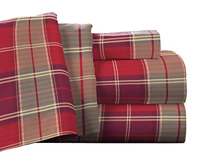 Pointehaven Flannel Deep Pocket Set with Oversized Flat Sheet, Twin, Piedmont Plaid