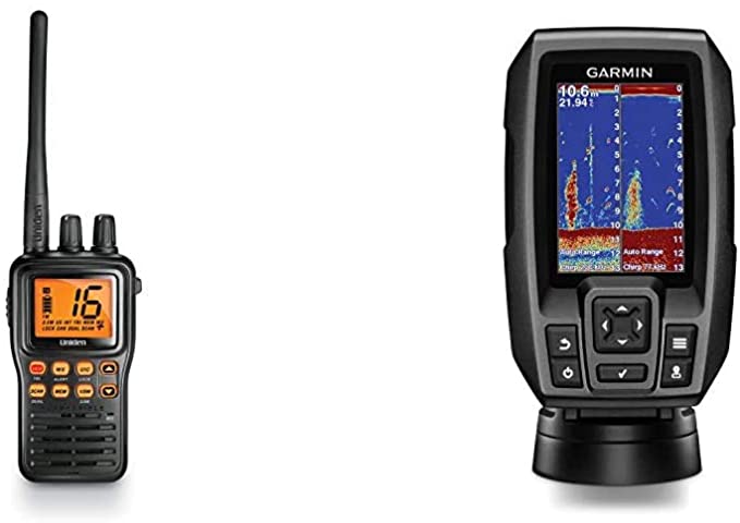 Uniden MHS75 Waterproof Handheld 2-Way VHF Marine Radio, Selectable 1/2.5/5 Watt Transmit Power - Color Black & Garmin Striker 4 with Transducer, 3.5" GPS Fishfinder with Chirp Traditional Transducer