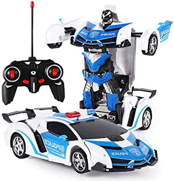 VASLON Remote Control Car Robot, Transformer Car Toys, 360 Degree Rotating with One-Button Deformation with LED Light, Robot Cars Kit Toy for Kids (Blue)