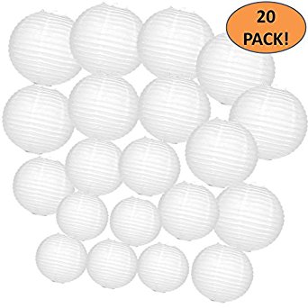 White Round Chinese Paper Lanterns - 20 Pack with 12, 10, 8, and 6 inch Bulk Assortment of 5 Each. Perfect Hanging Lamp Decoration for Your Wedding, Reception, Crafts, and Party Lights. Luna Lanterns