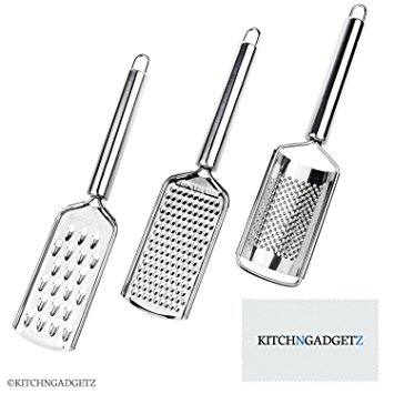 Kitchen Graters - Set of 3 (2 flat, 1 rounded) - Handheld - Stainless Steel Razor Sharp Teeth - High Performance - For Vegetables, Fruits, Cheese, Chocolate