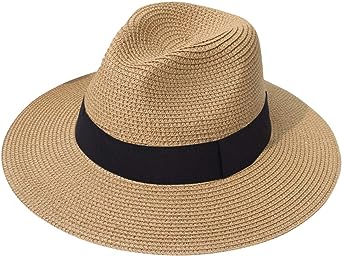 Lanzom Women Wide Brim Straw Panama Roll up Hat Fedora Beach Sun Hat UPF50