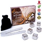 Great White Ice Whiskey Stones - 6 Premium Drink Chilling Pure Stainless Steel Reusable Ice Cubes With Tongs And Storage Pouch