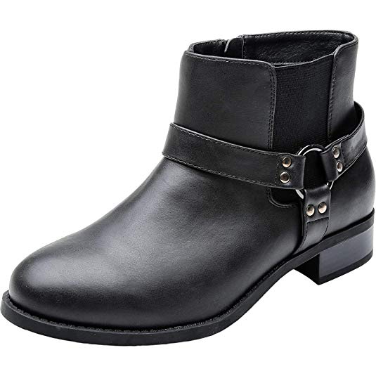 Women's Wide Width Ankle Booties, Chunky Block Low Heel Slip On Side Zipper U-Cut Elastic Band Cozy Work Boots. Black