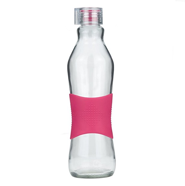 Grip & Go Glass Bottle With Non-Slip Stylish Silicone Sleeve by Consol (Pink, 34oz)