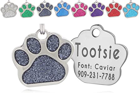 io tags Pet ID Tags, Personalized Dog Tags and Cat Tags, Custom Engraved, Easy to Read, Cute Glitter Paw Pet Tag (Black)