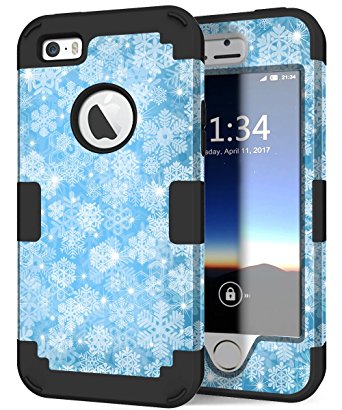 iPhone 5s Phone Case, Hocase Drop Protection Shockproof Silicone Rubber Bumper Hard Shell Hybrid Dual Layer Full-Body Protective Case for Apple iPhone 5/5s/SE - Snowflake / Black