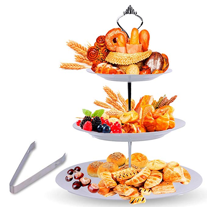 3 Tier Serving Tray Stand – Round Cupcake Dessert Party Platter with BONUS Serving Metal Tongs – Three Tiered Food Holder Display for Weddings, Tea Parties, Birthdays or Holiday Dinners