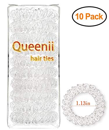 10 Pcs Queenii Clear Spiral Hair Ties No Crease Elastic Ponytail Holders Phone Cord Traceless Hair Ties for Women Thick Hair (Clear)