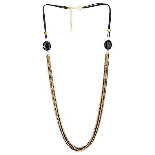 COOLSTEELANDBEYOND Gold Black Statement Necklace Multi-Strand Long Chains with Black Gem Stone Charms Pendant, Dress
