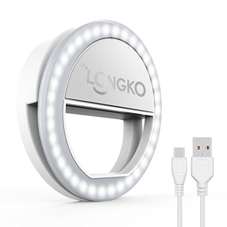 Advanced Selfie Ring Light, LONGKO 36 LED Supplementary Lighting Night Selfie Enhancing With Rechargeable Battery for iPhone X 8 7 Plus Android Cellphone iPad Tablet( White)