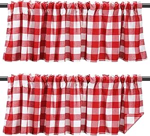 Tatuo Buffalo Plaid Curtains Buffalo Window Valances Farmhouse Design Window Decor Rod Pocket Valances for Kitchen, Bathroom, Living Room, 16 x 56 Inch (Red-white, 2 Pieces)