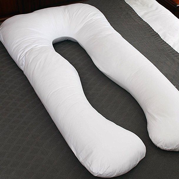 U Shaped Pregnancy Pillow Maternity Body Pillow With Invisible Zipper Removable Cover, 100% Cotton Fabric, White, 56 X 32 Inch