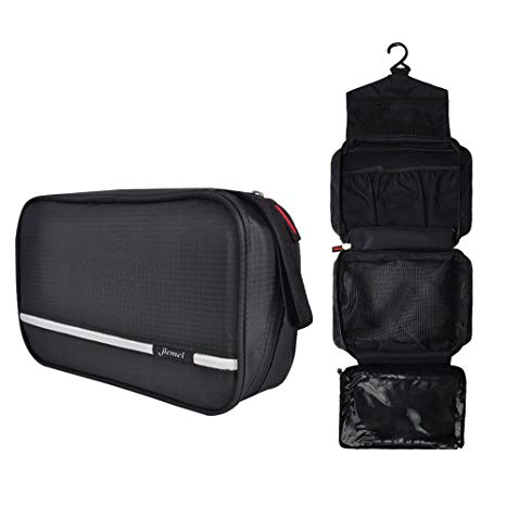 Hanging Toiletry Bag Waterproof, Jiemei Travel Wash Bag for Men & Women with 4 Compartments, Foldable Compact Size, 2 Pack Portable Coat Hangers as Gift(Black)