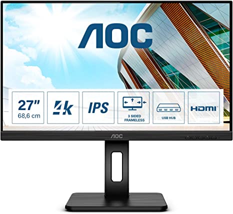 AOC U27P2CA - 27 Inch 4K UHD Monitor, 60Hz, IPS, USB-C Docking with 65w Power delivery, Height Adjust, Speakers, USB HUB (3840x2160@ 60Hz, 350 cd/m², HDMI 2.0 x 2 / DisplayPort 1.2 x 1 / USB-C x 1)