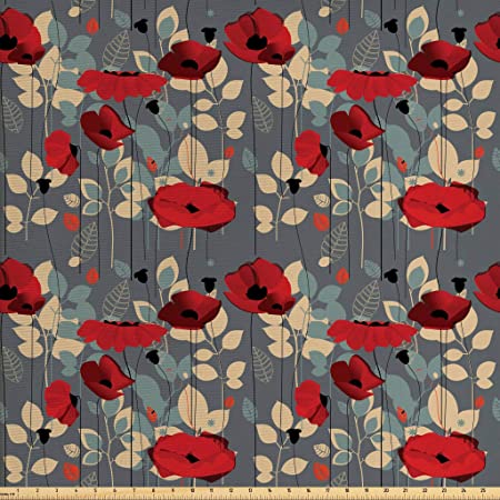 Ambesonne Poppy Fabric by The Yard, Abstraction of a Growing Floral Garden Leaves Botanical Modern Nature Display, Decorative Fabric for Upholstery and Home Accents, 2 Yards, Beige Grey