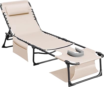 Flamaker Face Down Chaise Lounge Chair 5-Position Adjustable Sunbathing, Foldable Tanning Chair with Face& Arm Holes, Outdoor Recliner Chair for Pool, Beach, Patio, Lawn (Sauna, 1 Pcs, Beige)